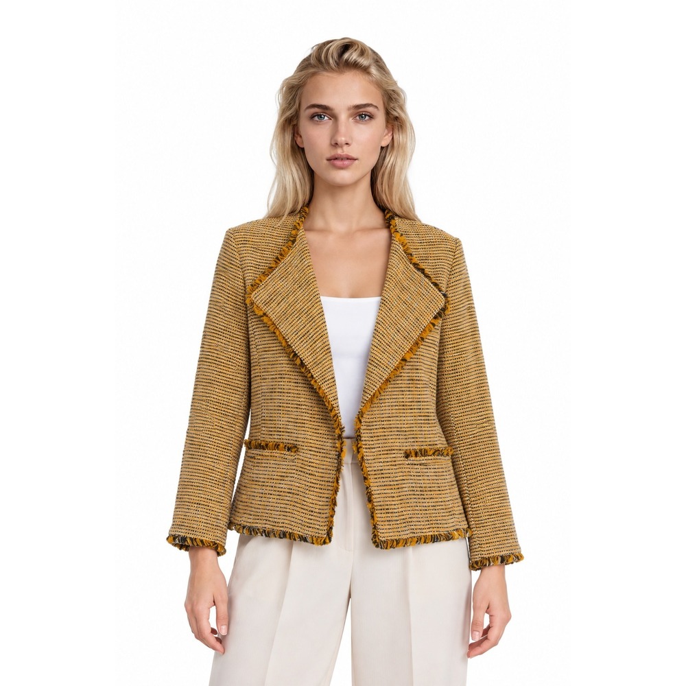 Ann Taylor Tweed Jacket Women's Size 10 Yellow Black Frayed Trim Blazer Fall